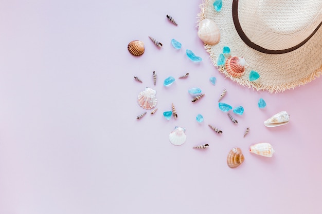 Free photo different sea shells with straw hat