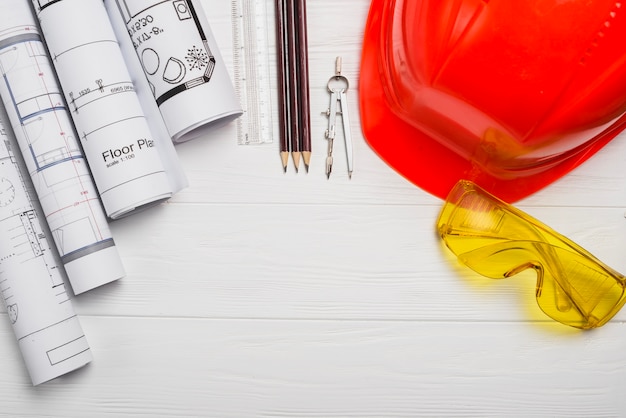 Different supplies on wooden table