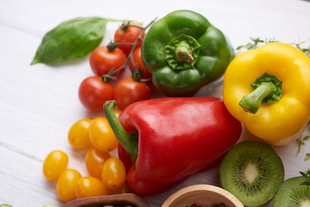 Different vegetables and fruits on table. Flat-lay, top view.