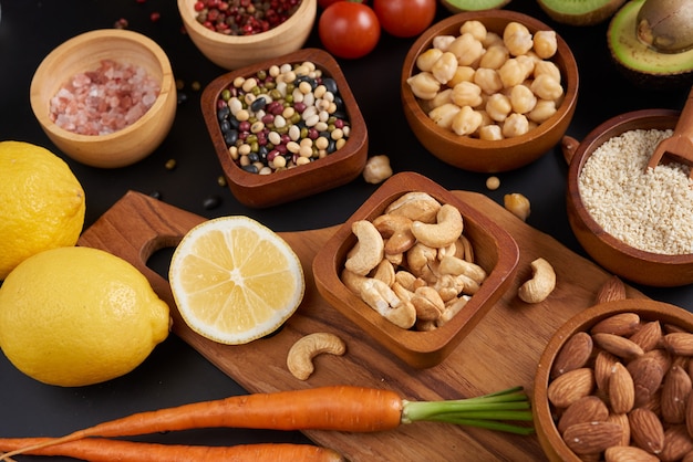 Different vegetables, seeds and fruits on table. Flat-lay, top view.