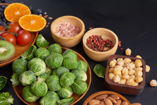 Different vegetables, seeds and fruits on table.  Flat-lay, top view.