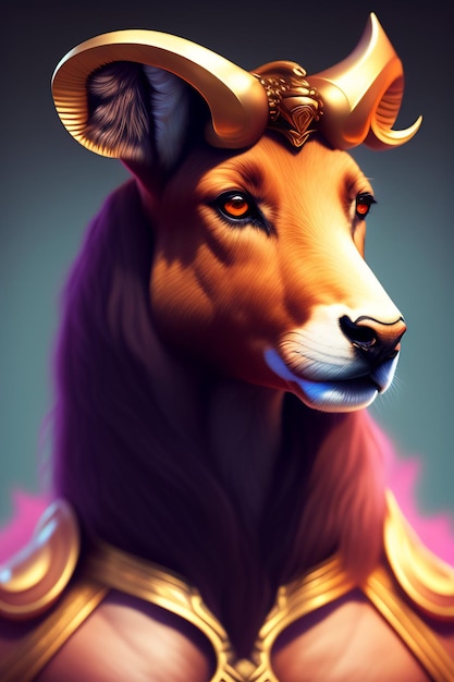 A digital art of a bull with a golden ring on its head.