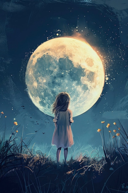 Free Photo digital art character looking at the moon