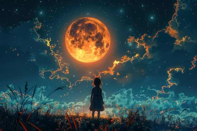 Free Photo digital art character looking at the moon