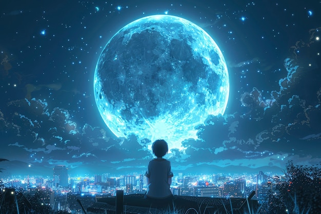 Free photo digital art character looking at the moon