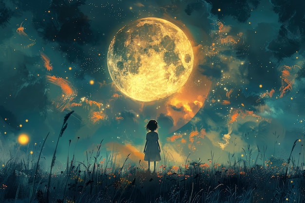 Free photo digital art character looking at the moon