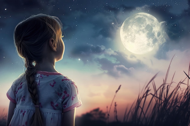 Digital art character looking at the moon