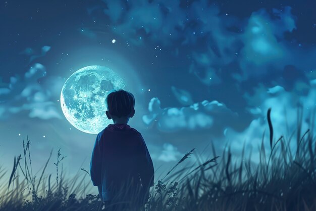 Digital art character looking at the moon