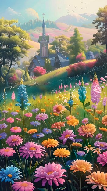 Digital art of flower landscape painting