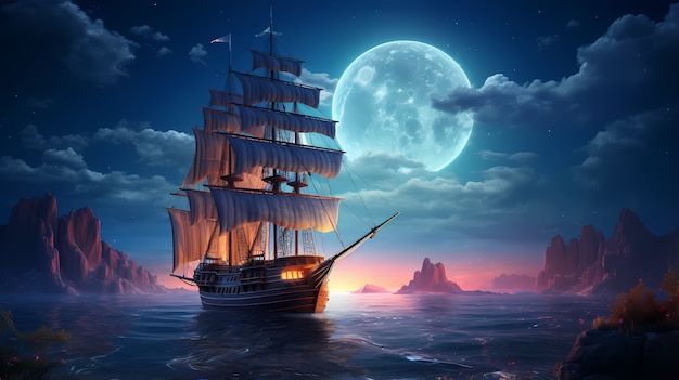 Digital art moon and boat