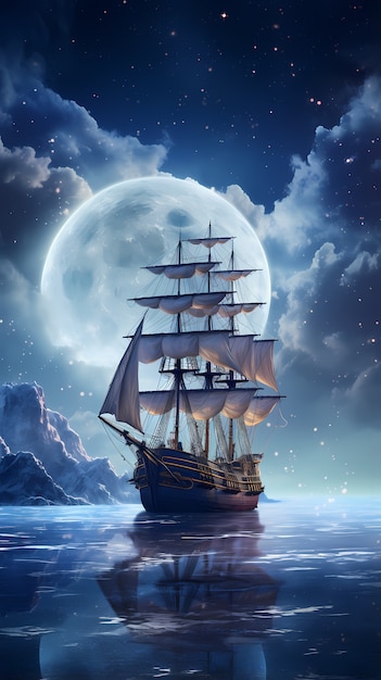 Free photo digital art moon and boat