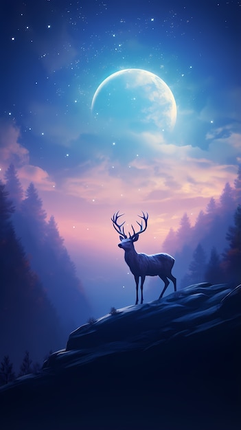 Free photo digital art moon and deer wallpaper