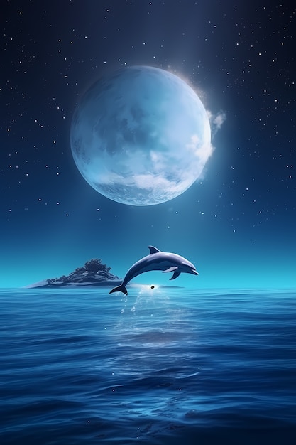 Free Photo digital art moon and dolphin wallpaper