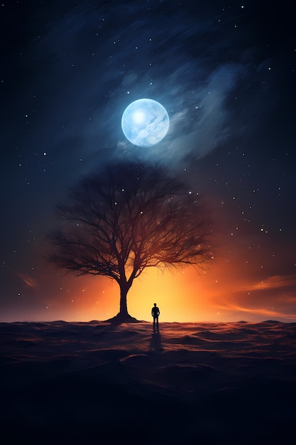 Digital art moon and man silhouette wallpaper