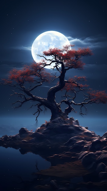 Digital art moon and tree wallpaper