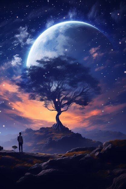 Digital art moon and tree wallpaper