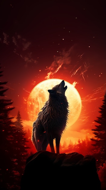 Digital art moon and wolf wallpaper