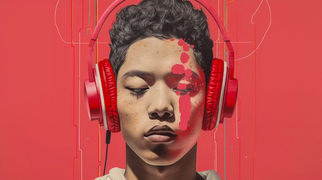 Free photo digital art portrait of person listening to music on headphones