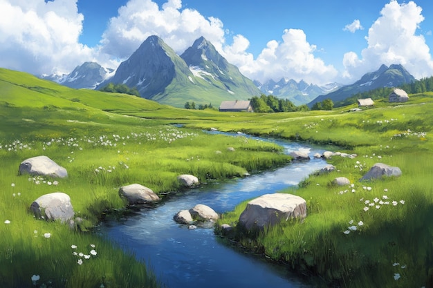 Digital art style illustration of river and nature