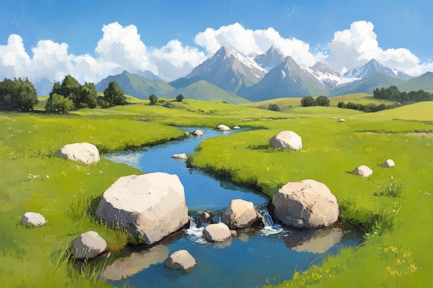 Digital art style illustration of river and nature