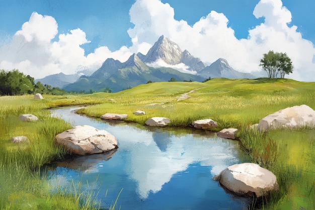 Digital art style illustration of river and nature