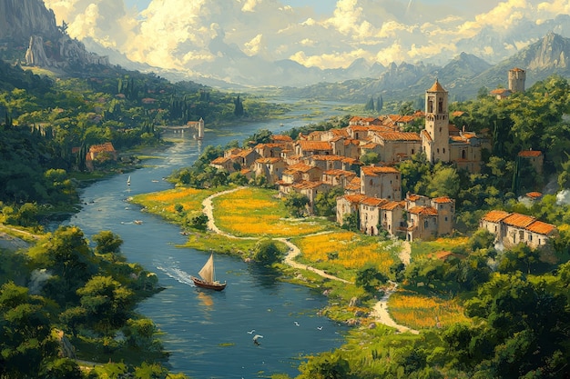 Digital art style river and nature landscape