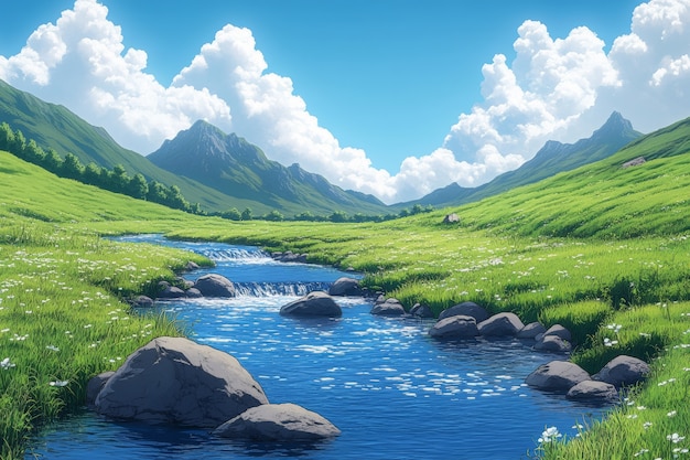 Digital art style river and nature landscape