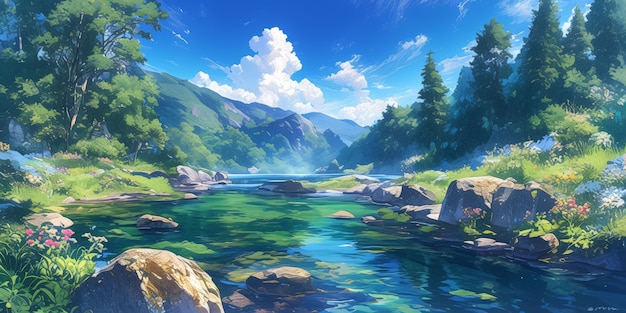 Digital art style river and nature landscape