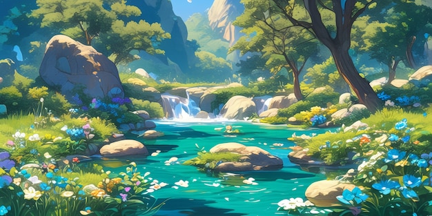 Digital art style river and nature landscape