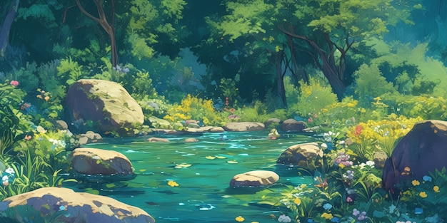 Digital art style river and nature landscape