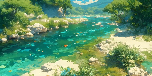 Digital art style river and nature landscape