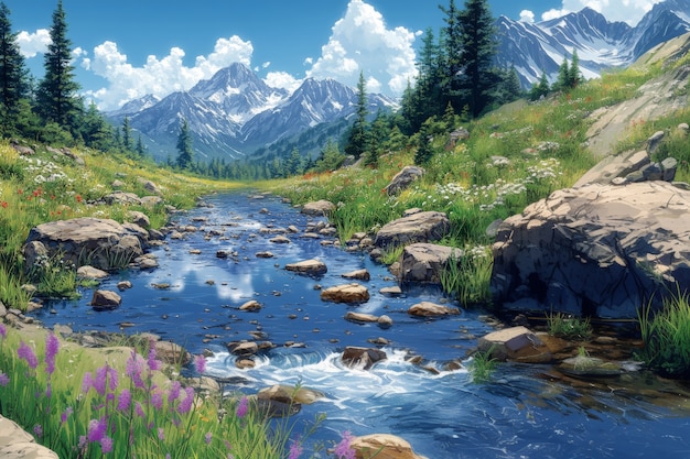 Digital art style river and nature landscape