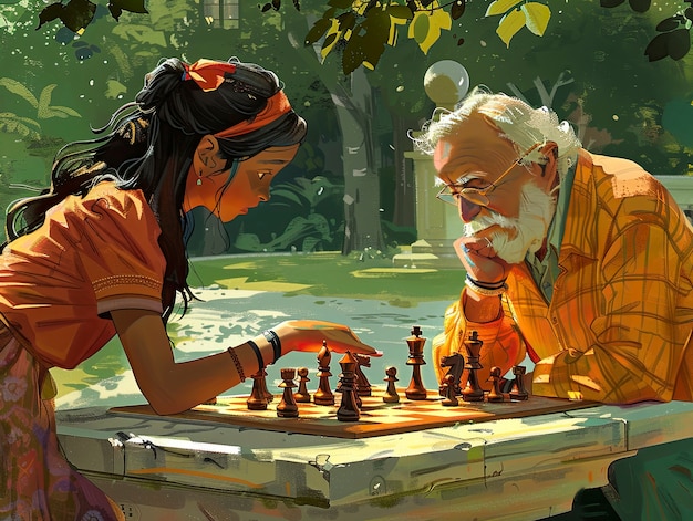 Digital art style scene with people playing chess