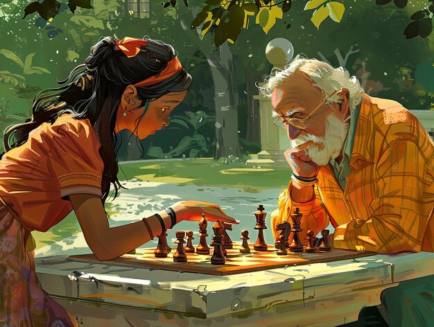 Digital art style scene with people playing chess