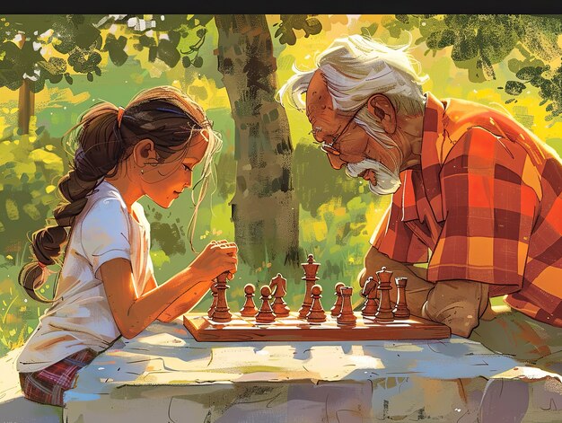 Digital art style scene with people playing chess