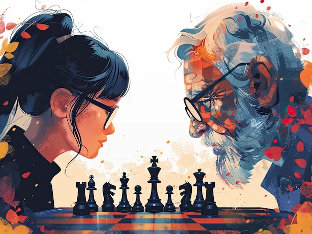 Digital art style scene with people playing chess