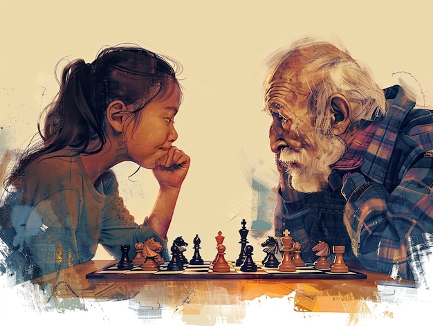 Digital art style scene with people playing chess