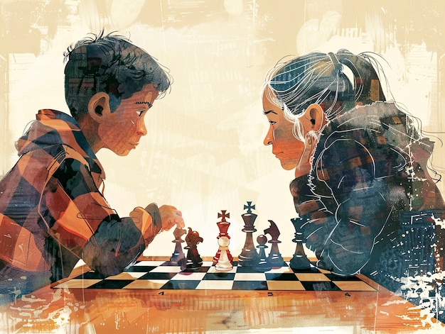 Digital art style scene with people playing chess