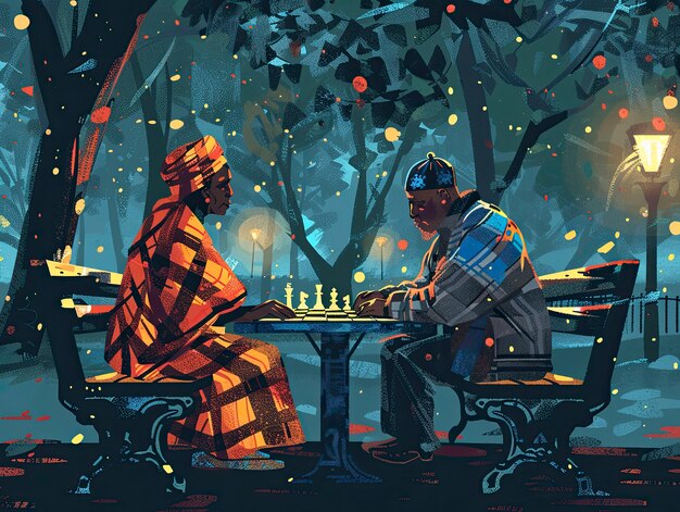 Digital art style scene with people playing chess