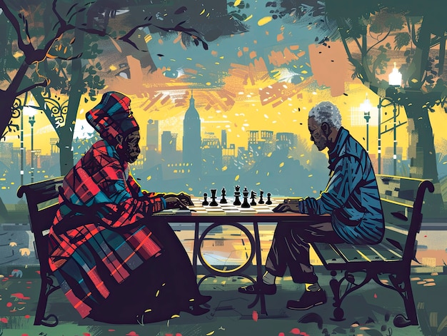 Digital art style scene with people playing chess