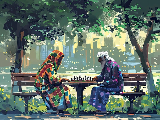 Digital art style scene with people playing chess