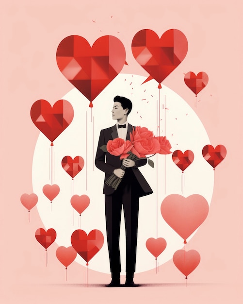 Free photo digital art valentine's day scene with man holding flowers and balloons