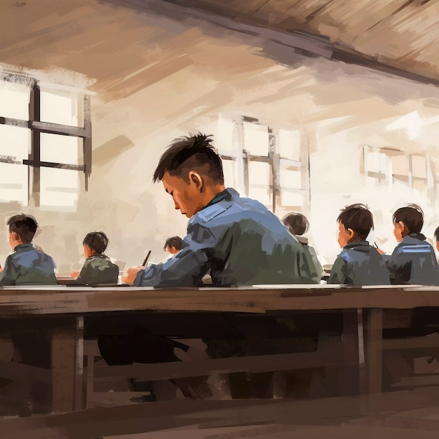 Digital art of young students attending school education