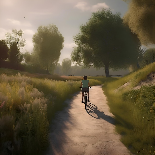 Free Photo digital painting of a woman cycling on a rural road in the countryside