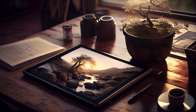 Free photo digital tablet technology with nature landscape scene generative ai