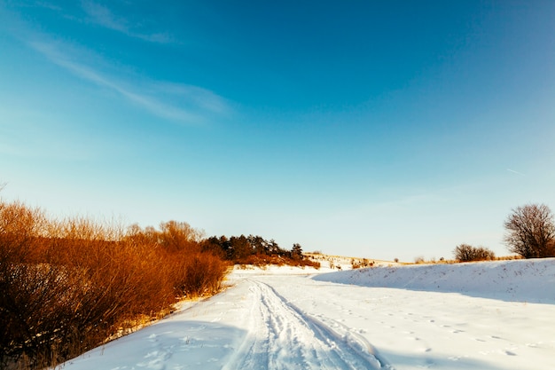 Free photo diminishing perspective ski track on snowy landscape against blue sky