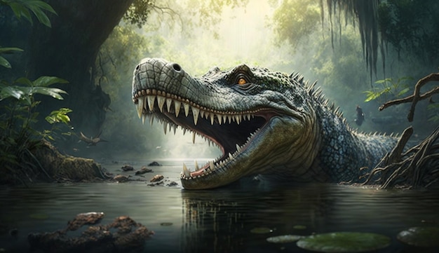 Dinosaur roars fiercely in the prehistoric landscape generative AI