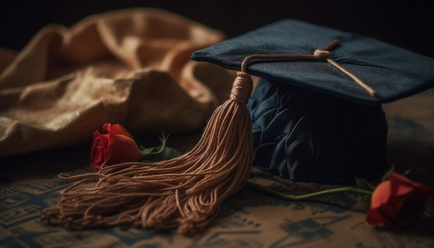 Free photo diploma and tassel on rustic wooden table generated by ai