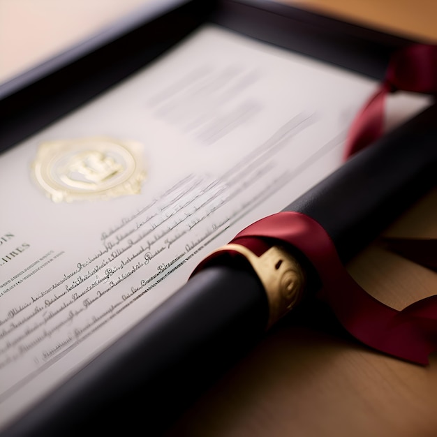 Free Photo diploma with a red ribbon and a bow on a wooden table