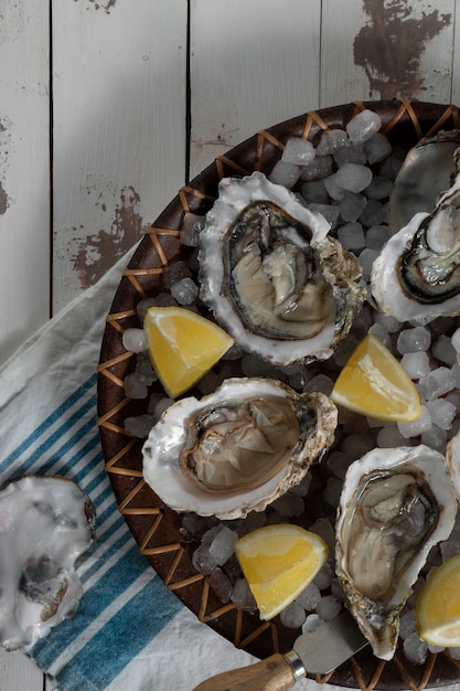 Free Photo dish made of oysters with citrus and ice cubes